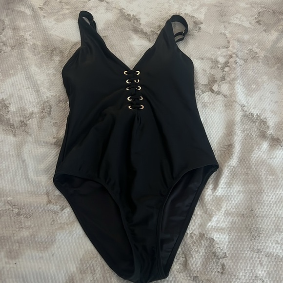 BCBGMAXAZRIA One Piece Swimsuit Lace Up Grommet Tummy Control Black Size Small - Picture 4 of 6